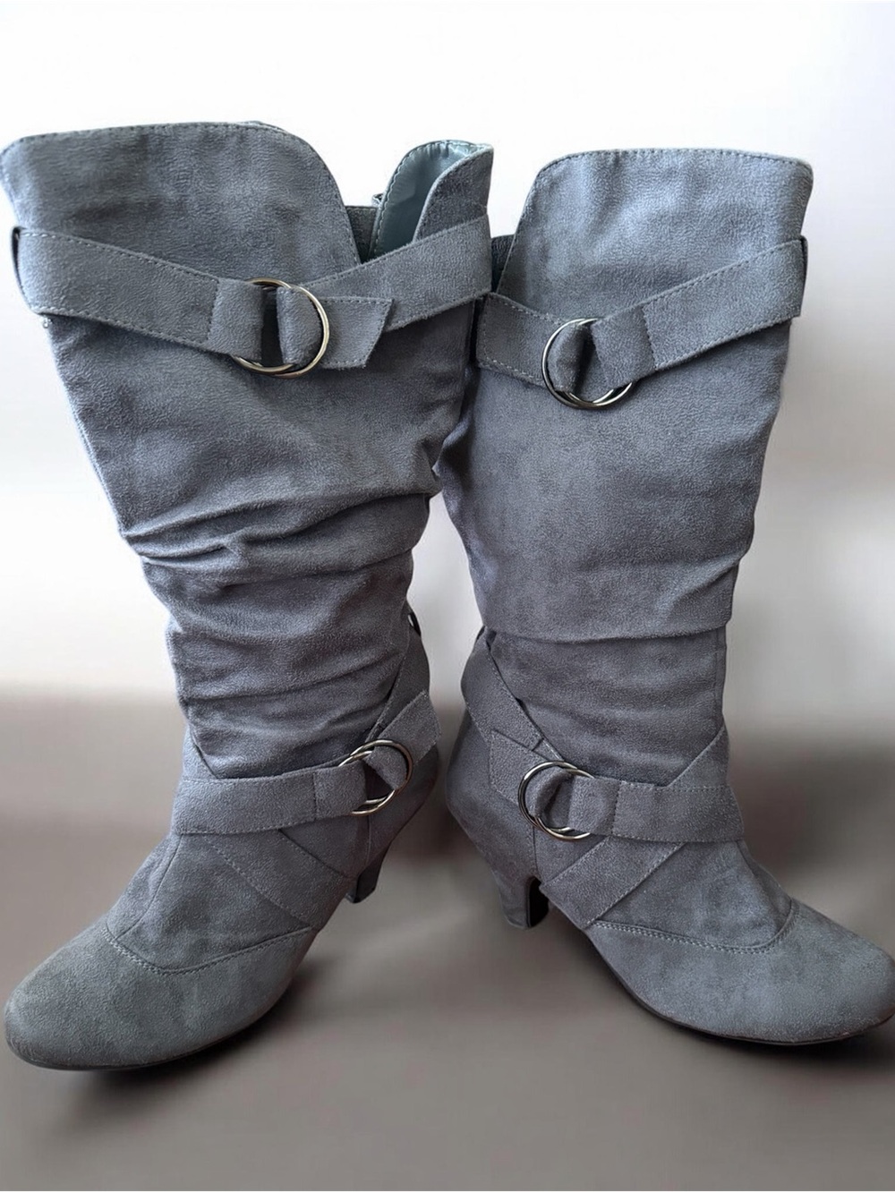 Women's Gray Mid-Calf Suede Buckle Heeled Boots
